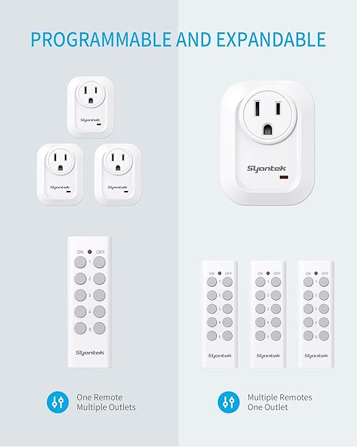Upgraded Remote Control Outlet Wireless Light Switch for Household Appliances, Expandable Remote Light Switch Kit, Up to 100 ft Range, FCC Certified, ETL Listed, White (5 Outlets + 2 Remotes)