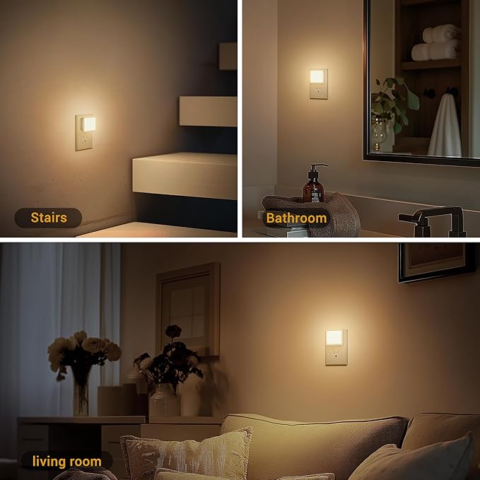 JandCase LED Night Lights - 2 Pack, Soft White Night Lights with Dusk-to-Dawn Sensor for Bedroom, Bathroom, Stairs, Hallway