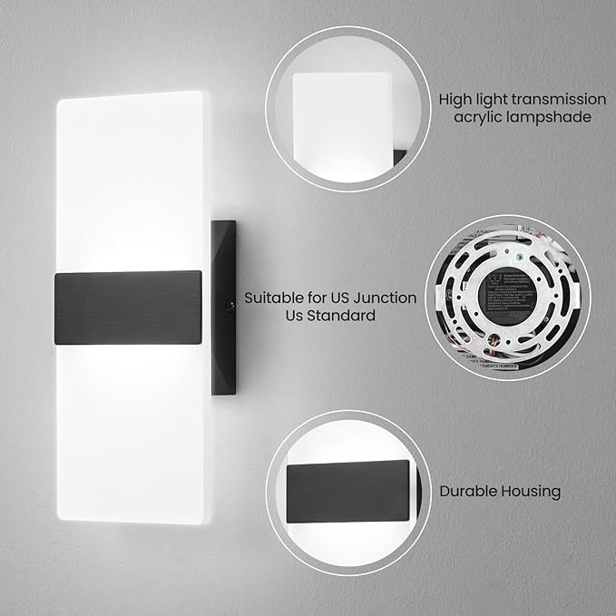 Modern LED Wall Sconce, 5CCT Dimmable Black Wall Lights, 12W 800LM 2700K-5000K Adjustable, Hardwired Indoor Up and Down Acrylic Wall Light Lighting for Living Room Bedroom Hallway, ETL