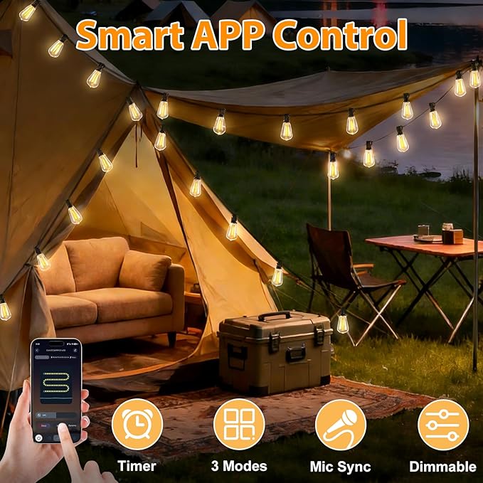 Smart Outdoor String Lights, 200FT ST38 LED Patio Lights with Timer Remote APP Control, 84 Shatterproof LED Bulbs (4 Spare), Dimmable Waterproof Hanging Light for Backyard Porch Party Decor