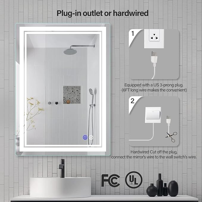 28x20 inch LED Lighted Bathroom Mirror with Anti-Fog, Fashion Bathroom Decor Vanity Mirror with Dimmable, Smart Control, Memory, Adjustable Warm White/Natural/Daylight, Birthday Wedding Gift