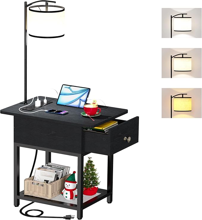 Floor Lamp with Table, Side Table with LED Light and Charging Station, Narrow End Table with Lamp Attached, Nightstand with Storage Drawer for Living Room, Bedroom, Black