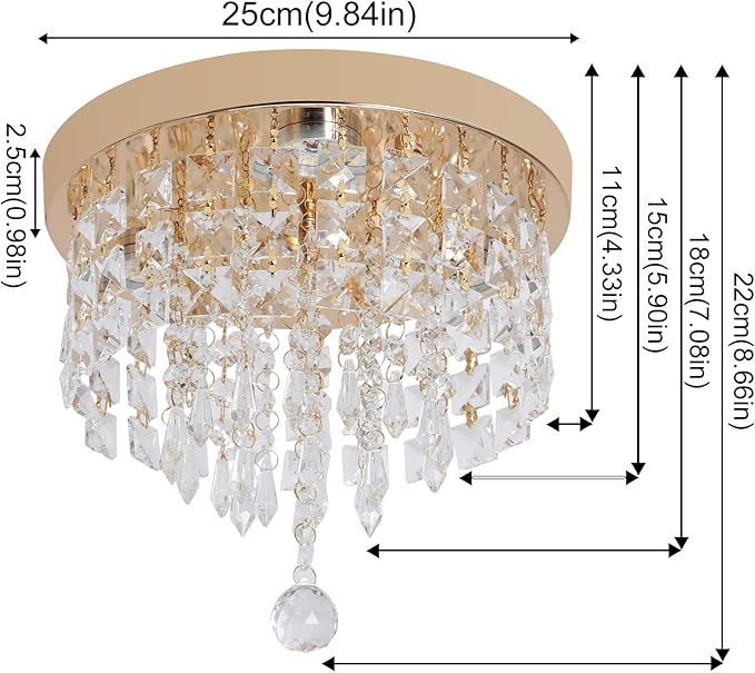 Deckrico Gold Crystal Chandelier Flush Mount Ceiling Light – Modern LED Lighting Fixture for Bedroom, Closet, Bathroom, Hallway – Warm Light