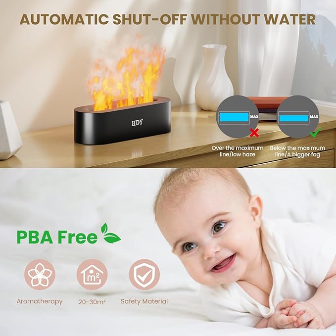 HDY 7 Color Flame Ultrasonic Humidifier - Color LED Essential Oil Diffuser, Silent Fireplace Design with Timer & Waterless Auto Shut-Off, 150ml Capacity for Home, Hotel & Office Use (Glossy Black)