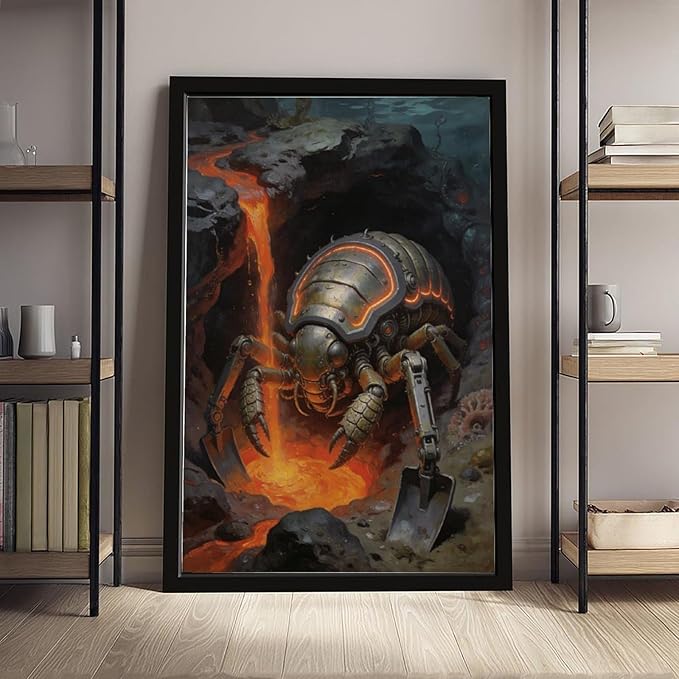 Framed Steampunk Mechanical Trilobite Wall Art - Volcanic Underwater Retro Poster for Garage Apartment Decor 12x18in
