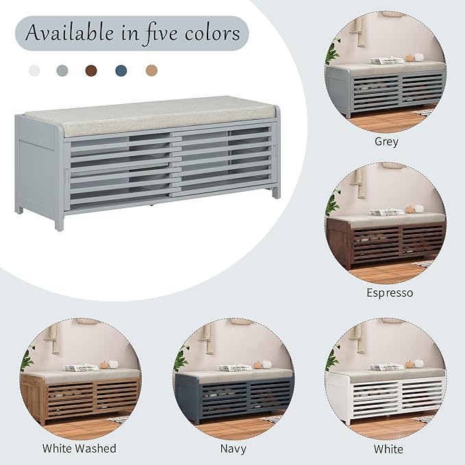 Amposei Modern Classic Storage Bench 43.3-Inch Wooden Entryway Shoe Storage Bench Cabinet with Removable Seat Cushion & Sliding Shutter-Style Doors for Living Room Entrance Hallway, Gray