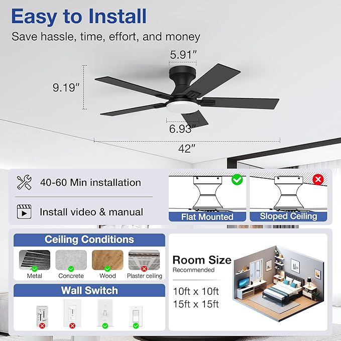 42 Inch Ceiling Fans with Lights,Smart Low Profile Ceiling Fan with Light and Remote Control,Alexa,APP,Black Flush Mount Ceiling Fans for Bedroom,Patio,PorchOutdoor Indoor Use,5 Blades,Dimmable,Quiet