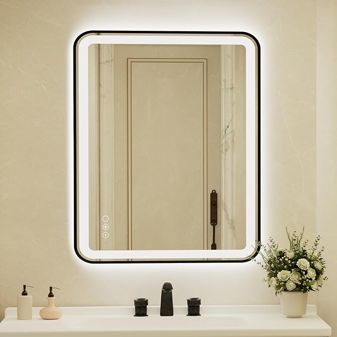 32x40 Inch LED Bathroom Mirror with Black Frame,Front and Backlit Vanity Mirror,Tempered Glass,Stepless Dimmable Wall Mirrors with Anti-Fog, 3 Colors, Memory, Waterproof, LED Smart Bathroom Mirror