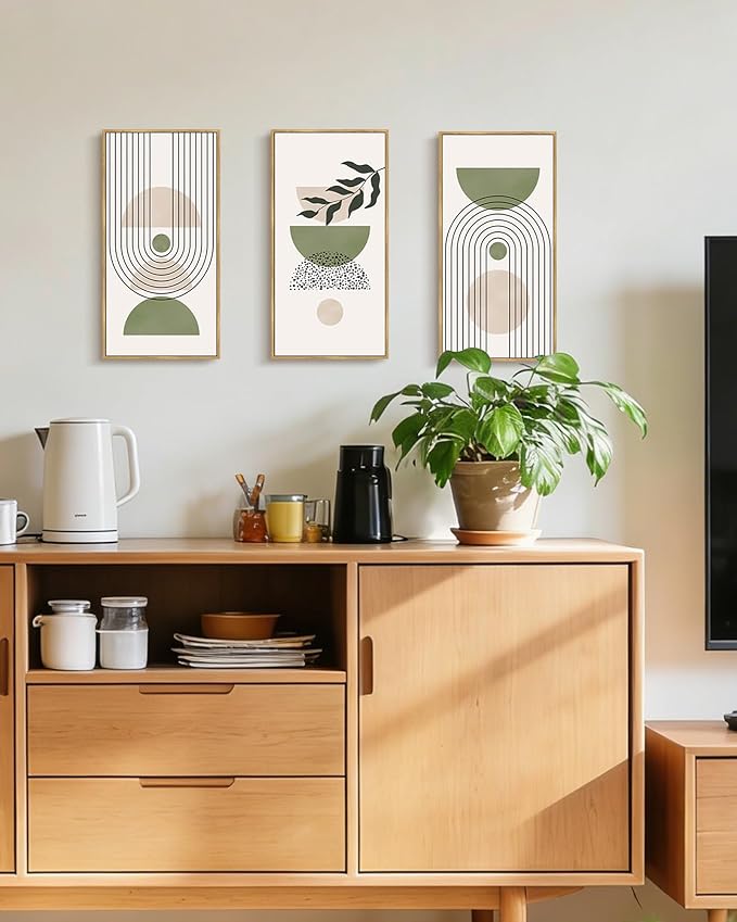 KUVIOKE Boho Wall Art Green Botanical Leaf Artwork Sage Framed Wall Decor for Bathroom 8x16in3pcs Natural Framed