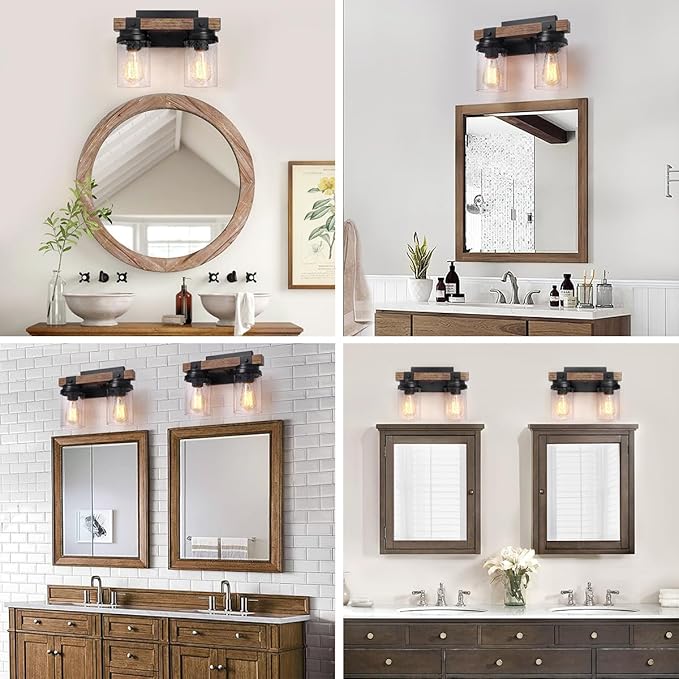 2-Light Farmhouse Vanity Lights for Bathroom, Rustic Bathroom Light Fixtures with Pretty Glass Shade, Rustic Vanity Light for Mirror, Black Wood Wall Sconces for Hallway Bedroom Living Room