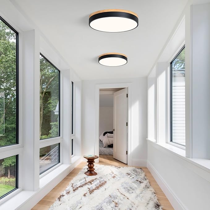 Modern LED Ceiling Light, Dimmable Wood Flush Mount Ceiling Lighting Fixture, 5CCT Round Wood Close to Ceiling Lamp for Kitchen Hallway Bathroom Office Laundry Room Entryway Nursery(Black& 15.75 in)