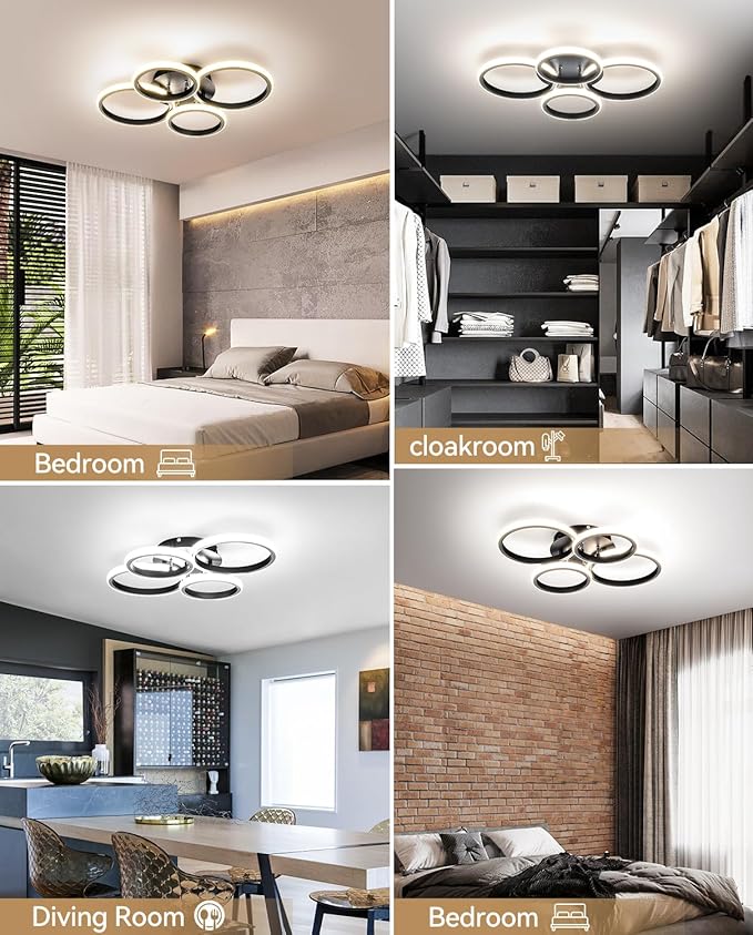4 Ring Modern LED Ceiling Light Fixture with Remote Control, 3000K-6500K 3-Color Black Dimming Circle Modern Ceiling Light for Bedroom Kitchen Living Room