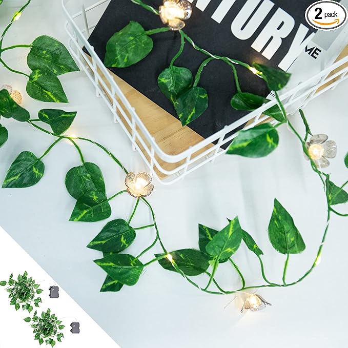 Vigdur 2 Packs Vine String Lights - Tiny Leaf Ivy String Lights with 48 Flower Lights Battery Powered Waterproof Fairy Light Indoor Outdoor for Bedroom Party Garden Wall Décor St. Patrick's Day