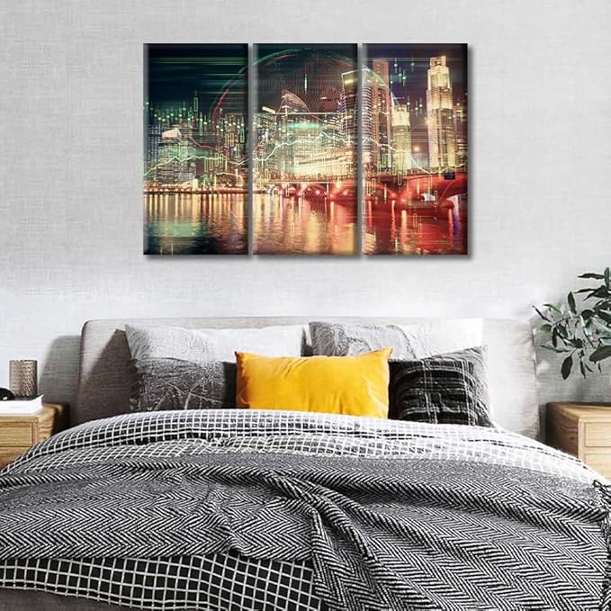 TUMOVO 3 Panel Business and Financial Concept Wall Decor Financial Chart on City Scape with Tall Buildings Background Canvas Wall Art Posters and Prints Ready to Hang (36" Wx24 H)
