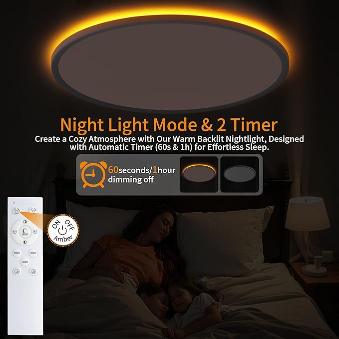 Flush Mount Ceiling Light with Night Light, 19in LED Ceiling Lights with Remote Control, 1800K Nightlights & 3000-6500K Dimmable Lamp Fixture, 45W 4500LM Low Profile for Bedroom, White