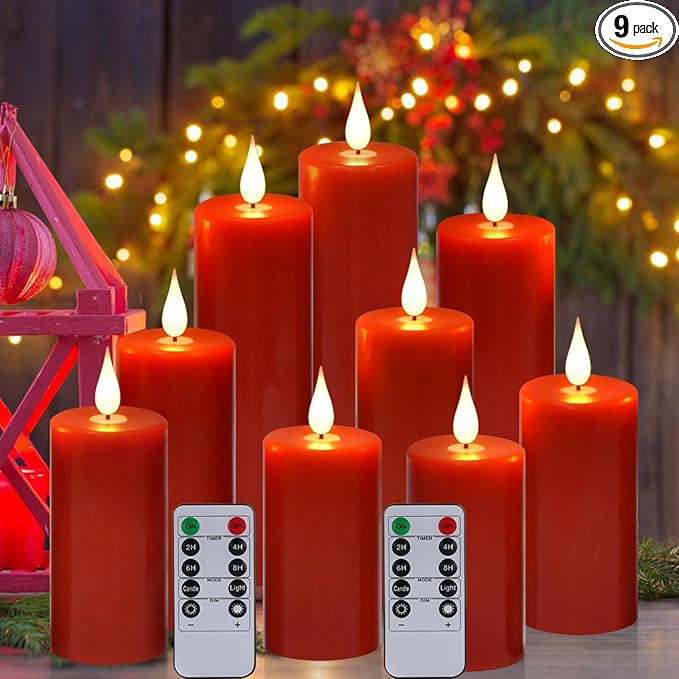Nancia Flameless Battery Operated Flicking Candles:9pack Red Remote Control Realistic Wax Pillar LED Candle with 10-Key Cycling 24 Hours Timer for Home Decoration Wedding Birthday Party