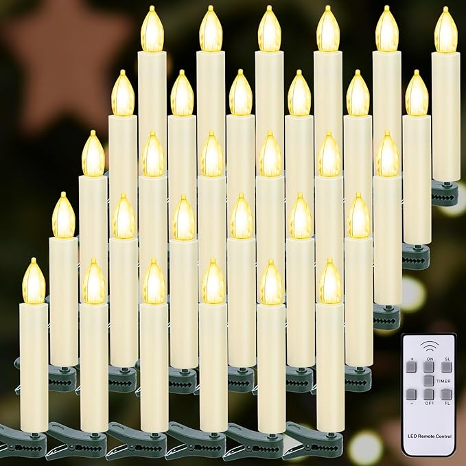LED Christmas Candles, Flickering Clip on Candles for Christmas Tree, Battery Operated with Remote Timer, Warm White Light, Flameless Taper Candle for Home Christmas Decor, Set of 30