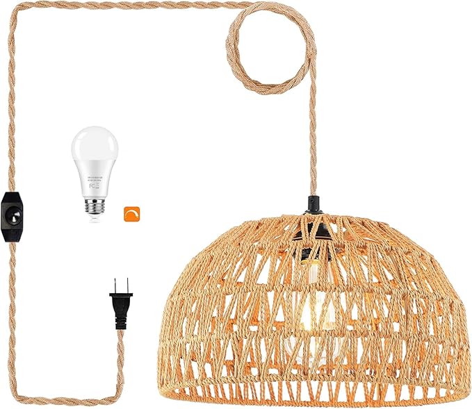 Plug in Pendant Light Rattan Hanging Lights with Plug in Cord Wicker Hanging Lamp with Woven Bamboo Basket Lamp Shade,Dimmable Switch,Boho Ceiling Light Fixtures for Kitchen,Farmhouse,Bedroom