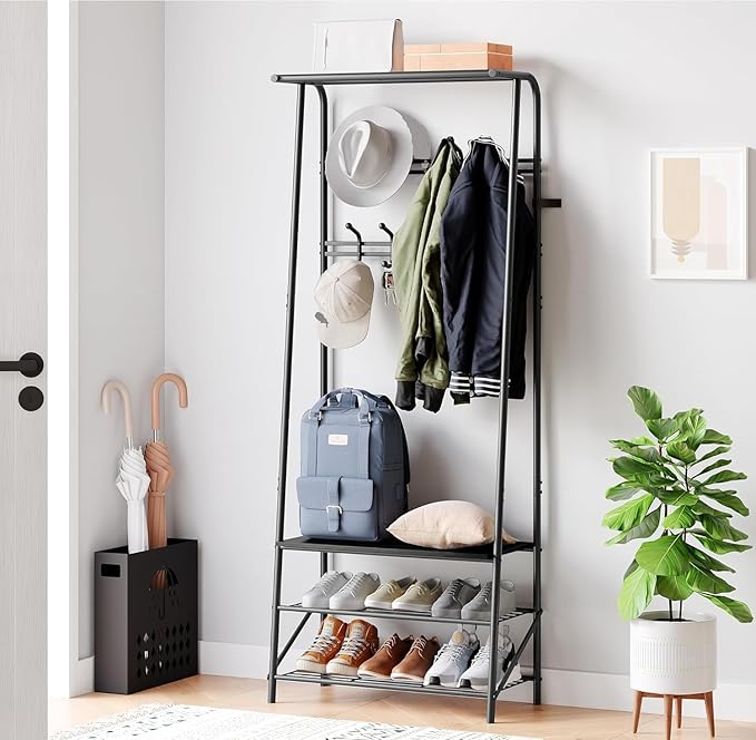 OUTLANE Entryway Hall Tree with 10 Hooks, Shoe Bench & Storage Shelf, Coat Rack Organizer with Wood Accents and Metal Frame for Entryway, Living Room, Bedroom, Black -Double row