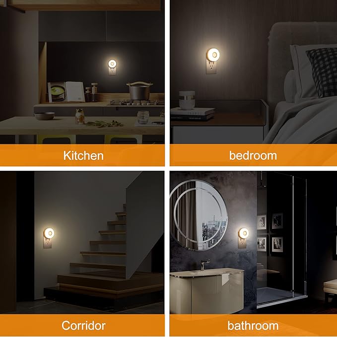 YELKO Night Light Plug in, 200LM Super Bright Plugin Nightlights, [4Pack] LED Motion Sensor Night Lights Plug Into Wall, Auto On/Off Smart Warm White Lights for Bathroom,Hallway,Stairs.