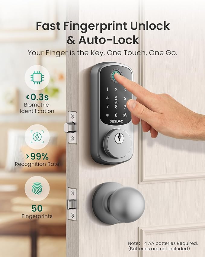 DESLOC B200 Fingerprint Smart Lock with 2 Knobs, Keyless Entry Front Door Lock Set, Electronic Keypad Deadbolt, App Control, Auto Lock, Long Battery Life,Silver