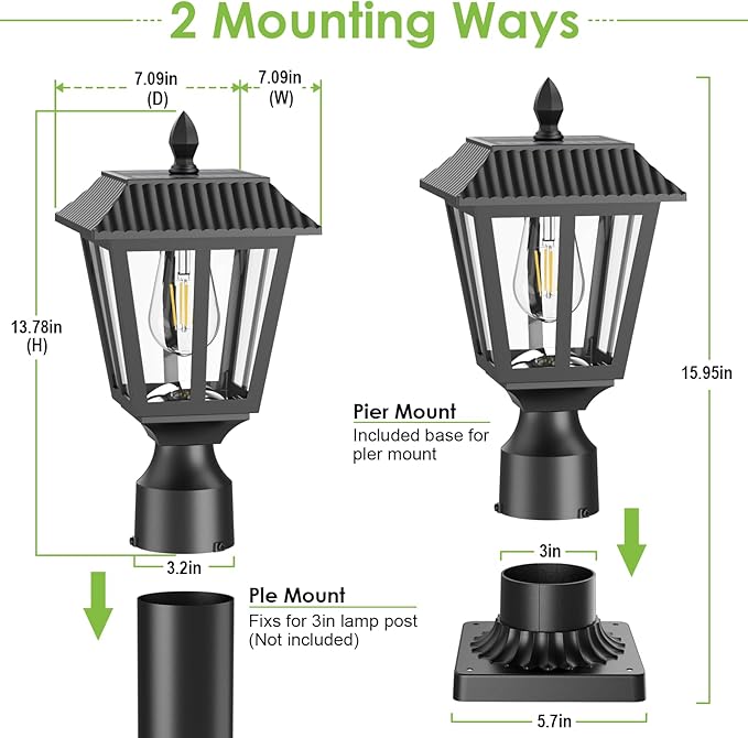 Greluna Solar Post Lamp Lights, 2 Pack 6000K Dusk to Dawn Solar Light with Pier Mount Base, Post Lights Outdoor Waterproof for Garden Yard Landscape Pole Pillar, Outside Decorative Lamp