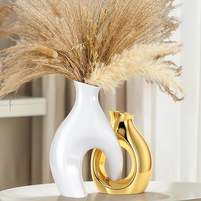 White Gold Modern Abstract Ceramic Vases for Home Decor,Nordic Snuggle Hollow Design for Flowers Pampas Grass Decorative,for Living Room Coffee Table Centerpiece,Entrance,Console (White Gold)