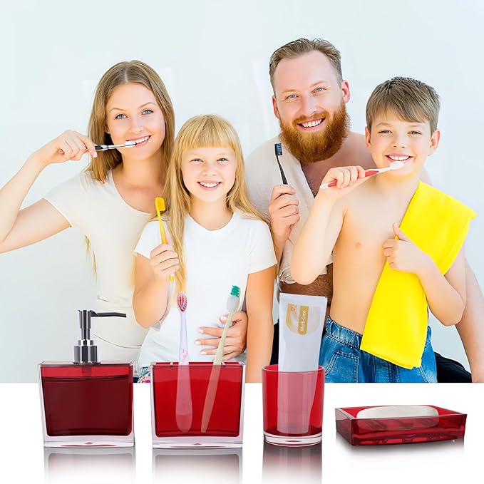 4-Piece Bold Red Acrylic Bathroom Accessories Set — Soap Dispenser, Toothbrush Holder, Soap Dish & Mouthwash Cup, Vanity Countertop Organizer for Red Bathroom Decor