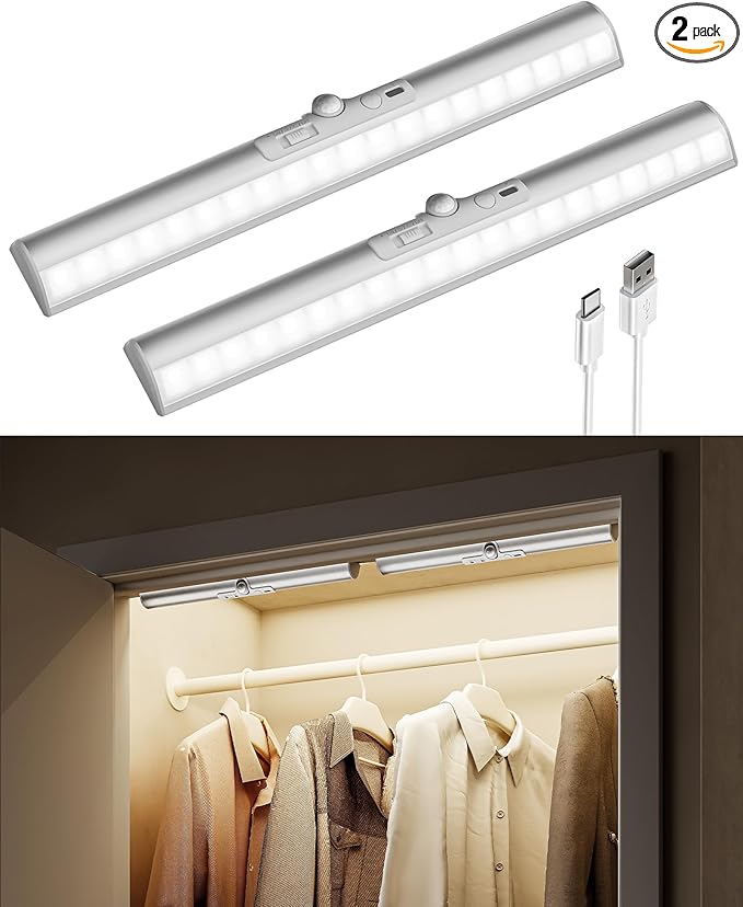 EZVALO 13inch Motion Sensor Closet Lights, 2 Pack Rechargeable LED Lights with Rotatable Sensor, Glare-Free, 3 Color Temps & Dimmable, Magnetic Cabinet Lighting for Closet, Pantry, Stairs
