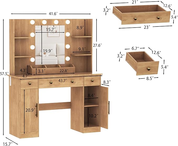 Vanity Desk with Mirror and Lights, Makeup Vanity with Mirror and LED Lights & Power Outlet, 3 Drawers and Cabinets, 3 Lighting Modes Dressing Table Set for Girls Women Bedroom,Oak