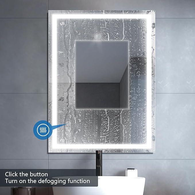 Led Bathroom Mirror with Light 24"x32" Frameless Lighted Vanity Mirror Wall Mount, Fogless, 3 Color Mode, Stepless Dimmable Front Light and Backlit, Smart Touch Sensor, Tempered Glass