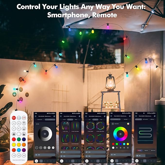 Outdoor String Lights Waterproof Patio Lights 52FT 20 RGBW Dimmable LED Bulbs, APP & Remote Control, Shatterproof Hanging Color Changing Lights for Outside Backyard Party Porch Balcony (52FT)