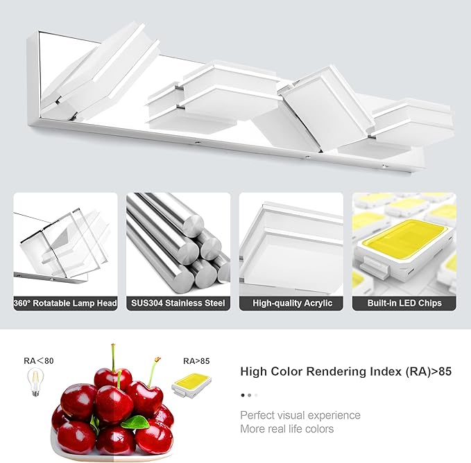 3 Color Temperature Dimmable Vanity Lights for Bathroom, LED Chrome 4 Light Vanity Light Fixtures, Acrylic Stainless Steel Square Shade Bathroom Light Fixtures Over Mirror, ETL Certificated