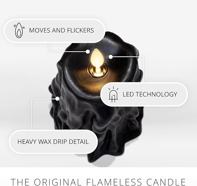 Luminara Heavy Wax Drip Flameless LED Candle, Black 3.4" x 4.5", Timer Function, Real Wax Pillar, Battery Operated Unscented Safe, Long-Lasting