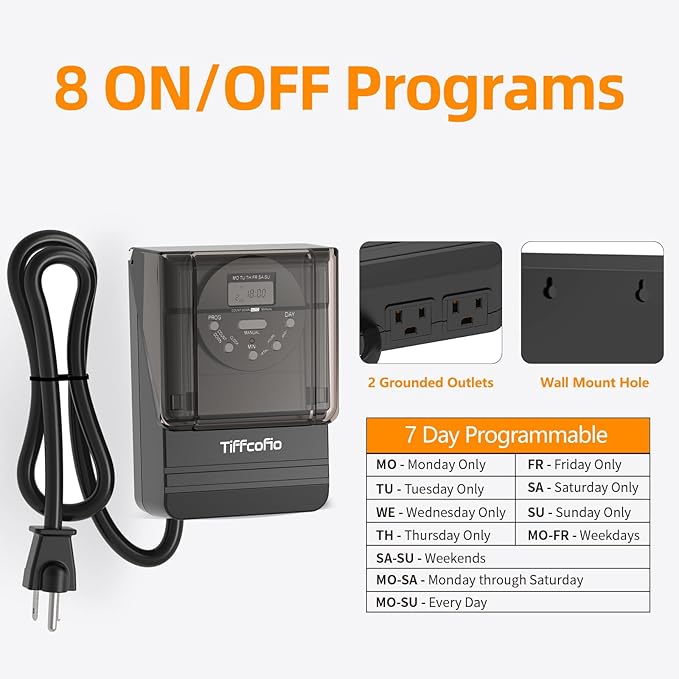 TiFFCOFiO Outdoor Digital Light Timer Outlet, 7 Day Programmable Plug in Timers for Electrical Outlets, 2 Grounded Outlets for Outdoor Lightings, ETL Listed