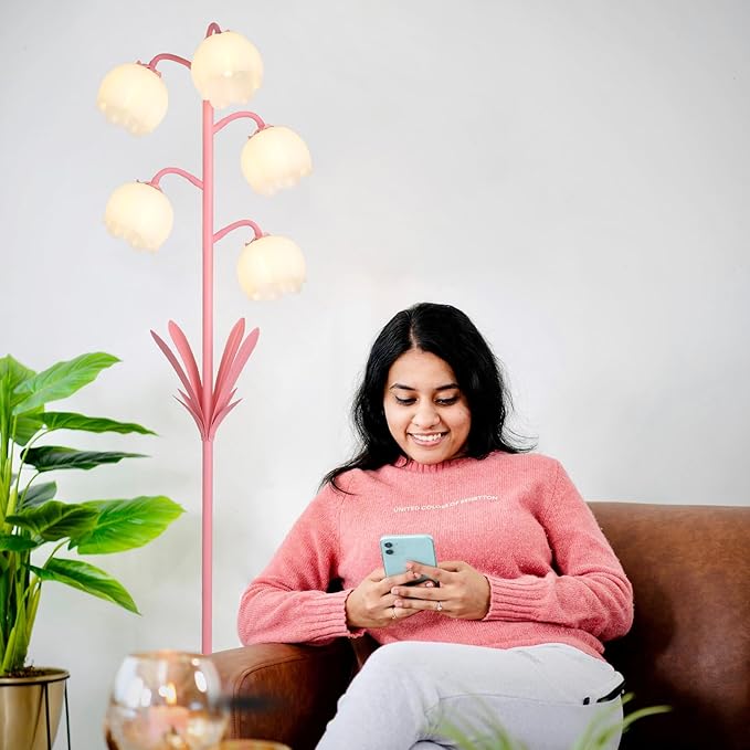 Pink Flower Floor Lamps for Living Room, Modern Floor Lamp with 5 LED Bulbs, Adjustable Standing Lamps for Bedroom Girls Room, Dresser, Kid's Room, Corner Tall Lamp Ambient Lighting for Home Decor