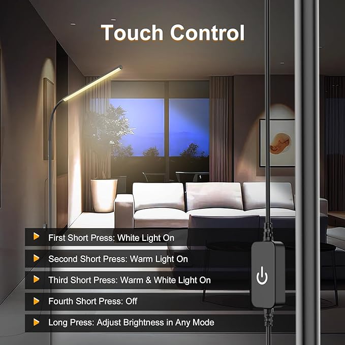 15W Floor Lamp with Touch Control Adjustable Brightness 3500K-7000K 360° Gooseneck LED Floor Lamps Eye-Caring Floor Lamp for Living Room, Bedroom & Office Stepless Dimming Standing Lamp