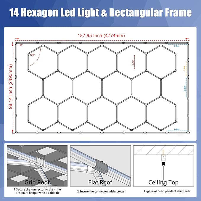 Hexagon LED Lights, Dimmable Hexagon Garage Lights, 3 Color Temperature 6500K/4500K/3000K, Hex Light with WiFi Smart Switch, Aluminum LED Lighting for Garage Gym Barber Auto Detailing Shop Car Dealer