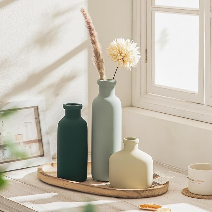 Ceramic Vase Set of 3 - Rustic Vases Set for Flower Centerpieces Pampas Grass - 3 Bud Vases for Home Decor - Modern Terracotta Vases for Home Farmhouse Table Office, Mini Pottery Vase by Lyeec