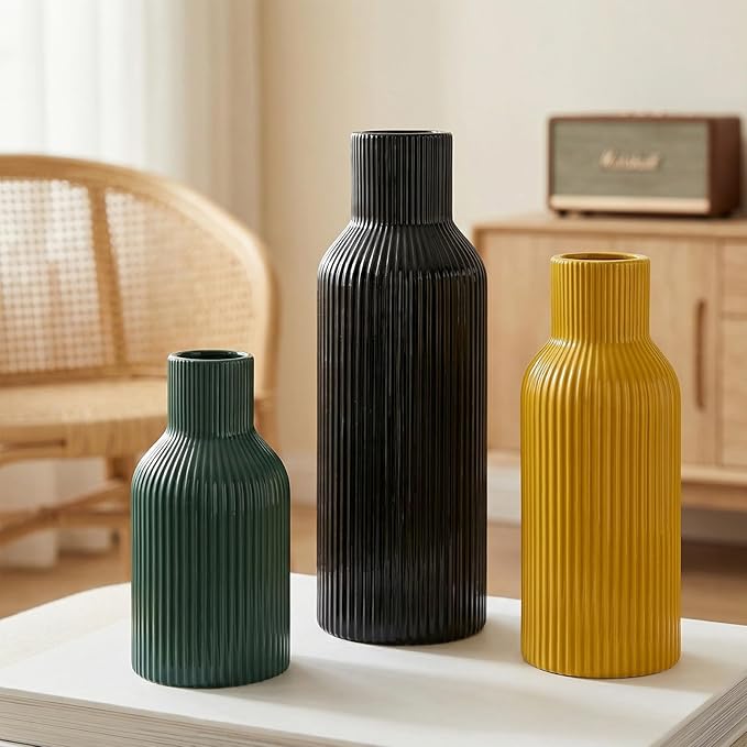 Glossy Ceramic Vase Set of 3, High-Gloss Ribbed Modern Flower Vases in Black, Green & Yellow, 5.9"/7.8"/9.8" Decorative Vases for Home Living Room Table Centerpiece
