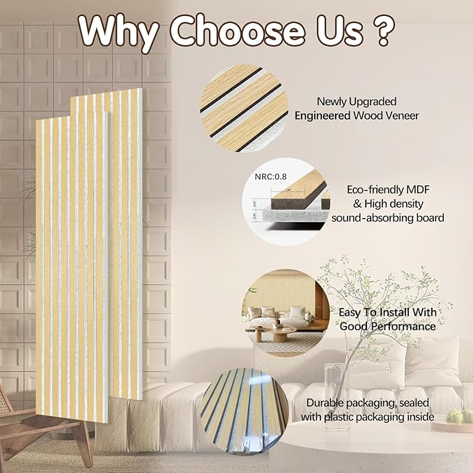 Wall Panels for Interior Wall Decor, 2-Pack Slat Wall Paneling, Oak Wood Veneer Acoustic Wall Panels - Wall Slats 12.6" W x 94.5