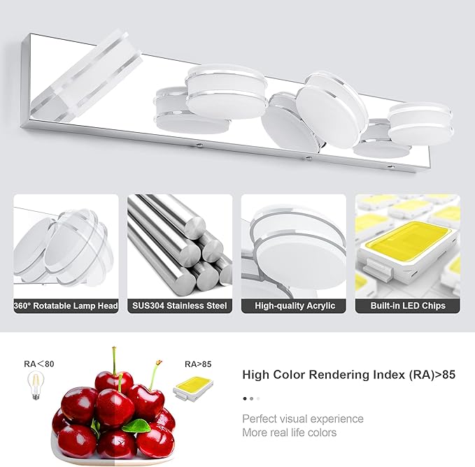3 Color Temperature Dimmable Vanity Lights for Bathroom, LED Chrome 4 Light Vanity Lighting Fixtures, Acrylic Stainless Steel Oval Shade Bathroom Light Fixtures Over Mirror, ETL Certificated