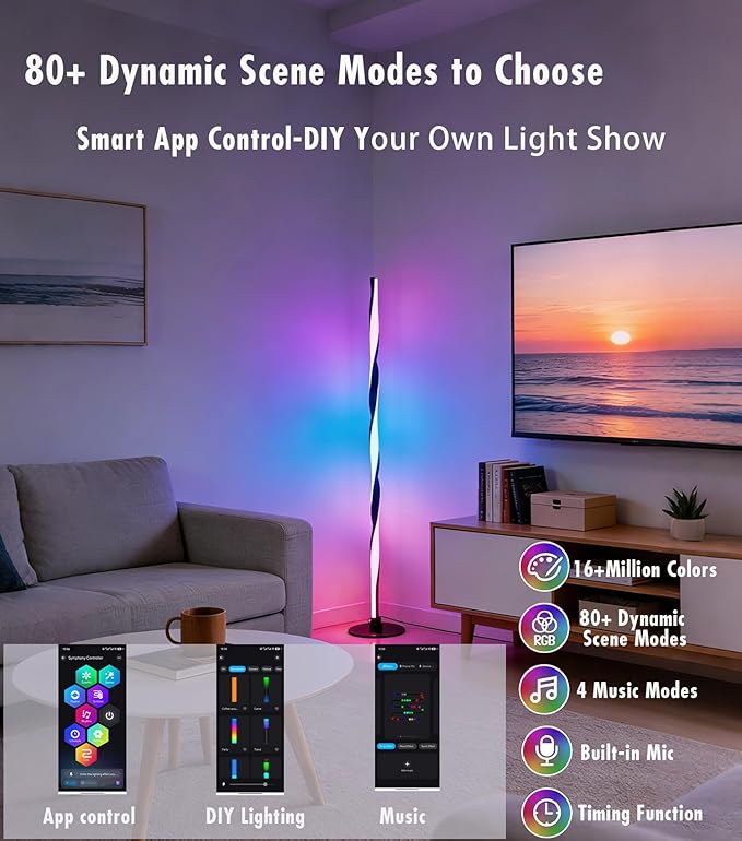 Smart RGBWIC Floor Lamp Basic, LED Corner Lamp compatible with Alexa, Modern Floor Lamp with Music Sync and 16 Million DIY Colors, Color Changing Standing Lamp for Bedroom Living Game Rooms, Black