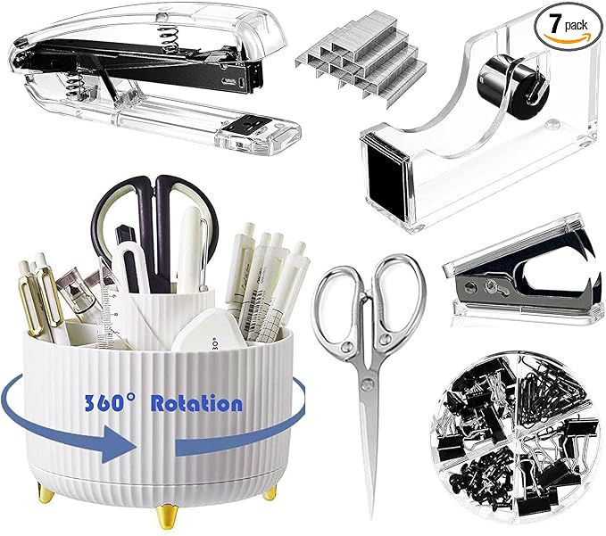 Black Desk Organizers and Accessories Set with 360-Degree Rotating Pen Holder, Acrylic Stapler, Tape Holder, Staple Remover, Binder/Paper Clips Kit, Scissor and 1 Box of Staples