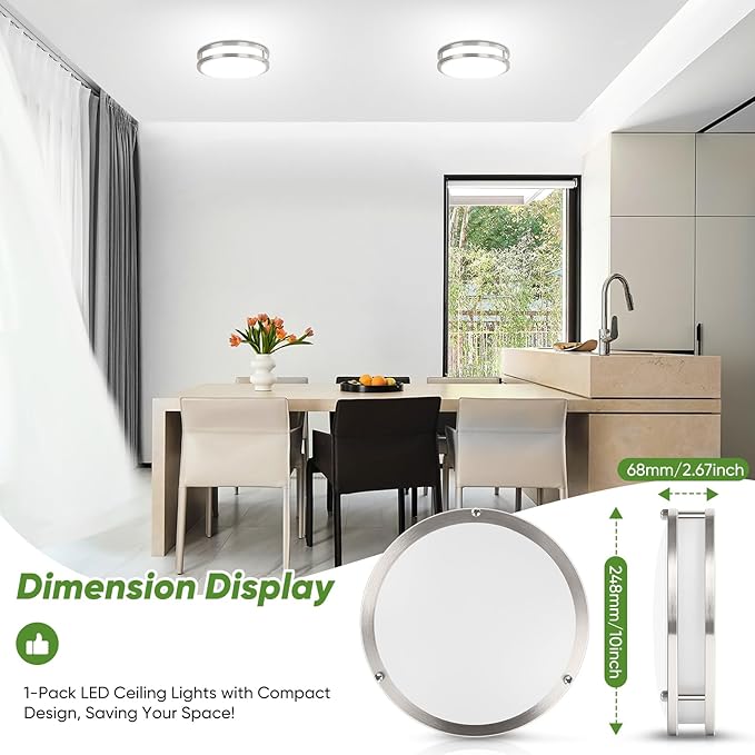 10 Inch LED Flush Mount Ceiling Light, Brushed Nickle Kitchen Lighting Fixture with 2700K/3000K/4000K/5000K/6500K 5 Color Adjusted, Dimmable Modern Round LED Light for Bedroom Living Room, 1-Pack