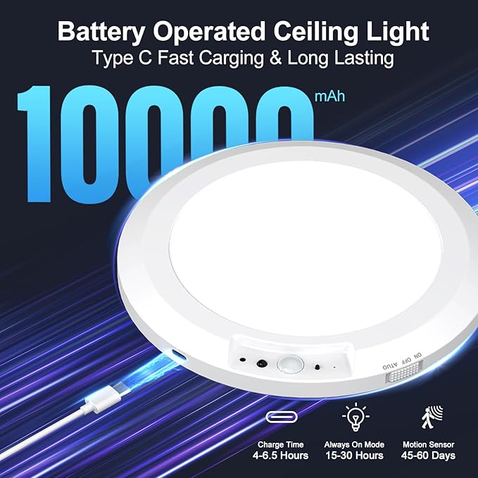 Rechargeable Ceiling Light with Motion Sensor: Battery Operated LED Closet Light with Remote & Timing - Wireless Dimmable Magnetic Mount Shower Lamp for Bathroom/Stairs/Garage/Hallway