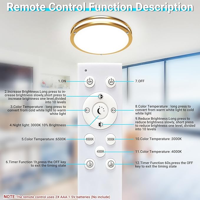 libtit 2Pack 13Inch Gold Ceiling Lights with Remote, Dimmable 5CCT 24W 2400lm Bright LED Flush Mount Light Fixture with Timer for Bedroom Kitchen Closets Hallway
