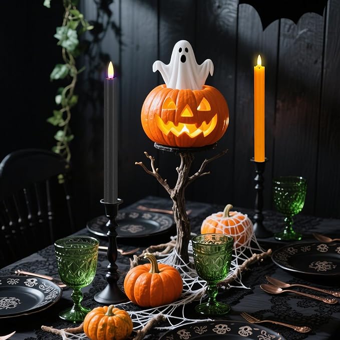 SHENSY Halloween Flameless Taper Candles –6Pack Orange and Black Real Wax LED Candlesticks with 3D Flickering Flame, Battery Operated with Remote & Timer – Spooky Window and Table Decor