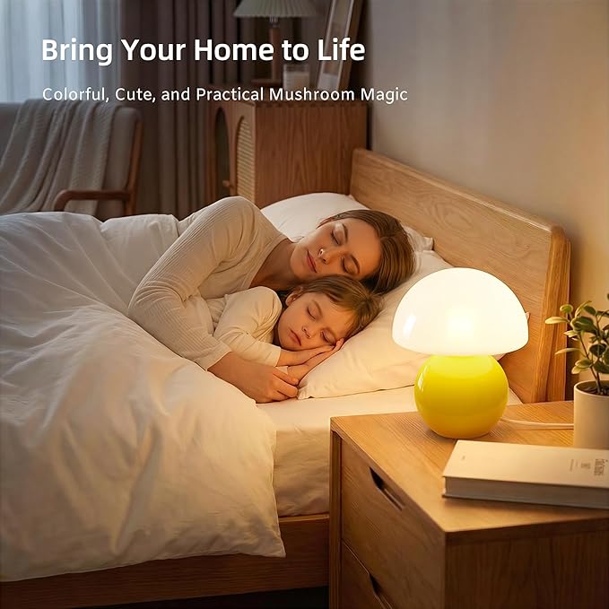 Mushroom Lamp Desk Lamp for Bedroom,Table Bedside Small Lamps for Living Room,Mushroom Decor Cute Mini Modern Mid Century Lamps for Night Stands,Aesthetic Home Living Room Decor(Yellow)
