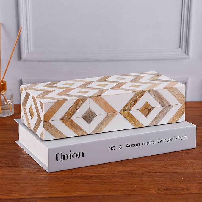 Handicrafts Home White Decorative Storage Box with Lid Wooden Coffee Table Storage Box Decorative Organizer for Living Room Decor – Resin Inlay Marquet Array Collection- 10x4.5x2.5